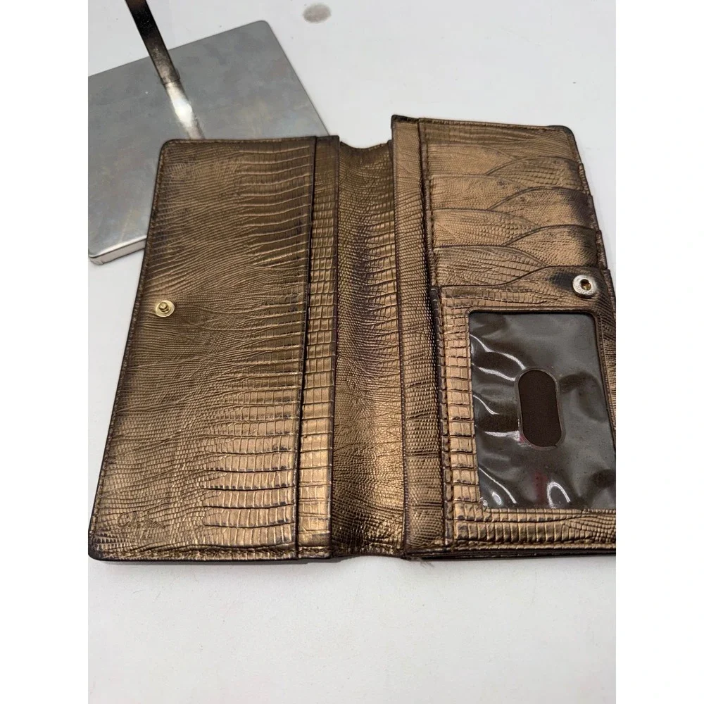 Cole Haan Metallic Bronze Lizard Embossed Leather Slim Continental Wallet